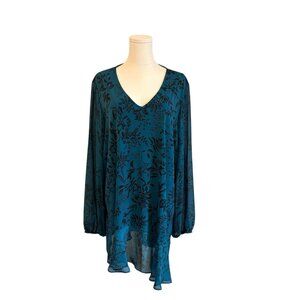 Susan Graver Women's XL Relaxed Blue Floral Tunic Chiffon Soft Stretch Blouse